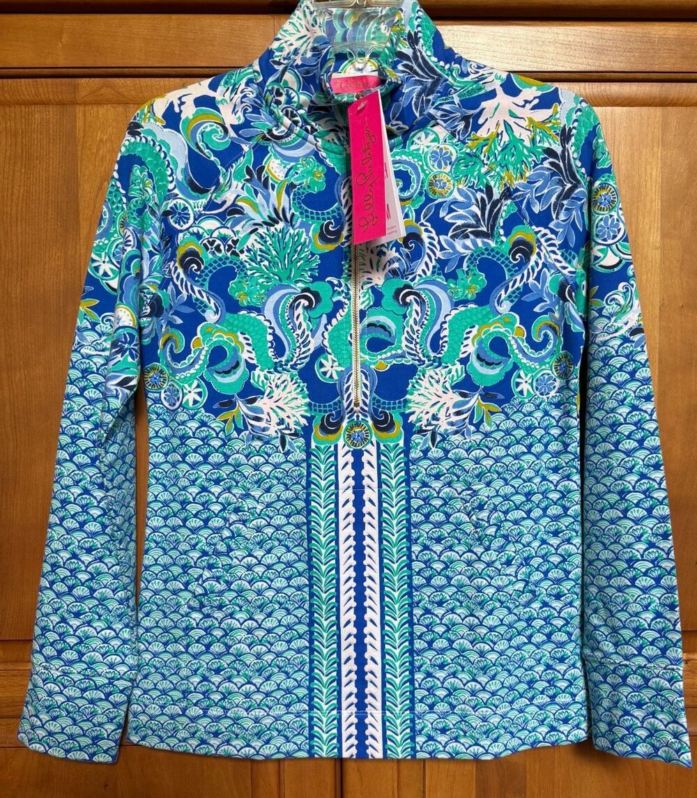 LILLY Pulitzer Top Popover Blue Grotto Sirens & Spirits Skipper Half-Zip New XS